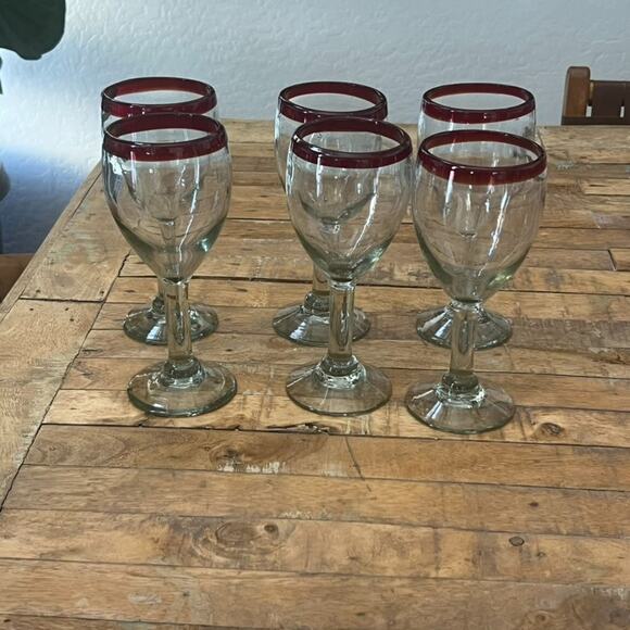 Mexican Hand Blown Wine Glasses Sangria Red Rim Thick Glass Set Of 6